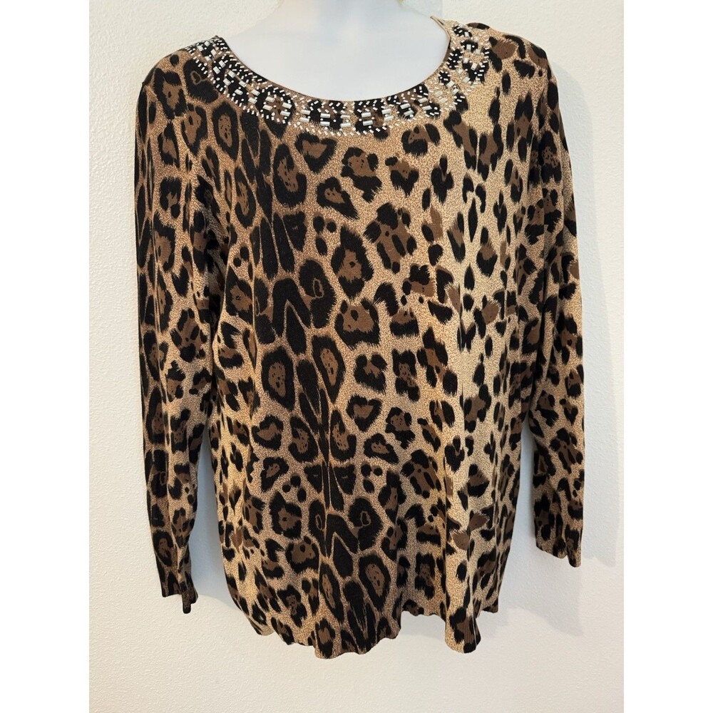 Quaker Factory Women 1X Sweater Leopard Pull Over Crew Jeweled Neck Office EUC